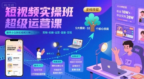 短视频实操班超级运营课，新手小白到短视频大神必修课程，剪辑-拍摄-运营-直播-变现网创项目_汇创网_中创网_福缘网_冒泡网_资源整合平台网创吧